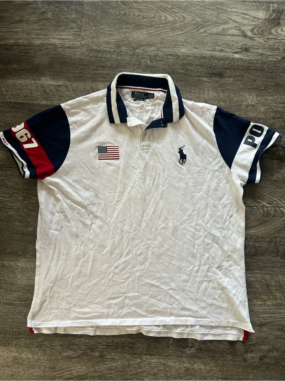 Ralph Lauren White Polo with Navy and Red Sleeve Accents